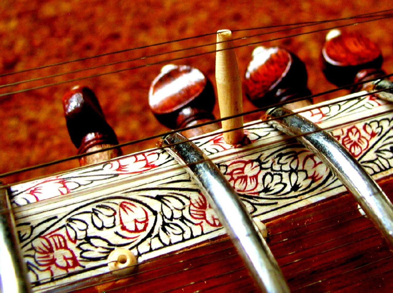 Close detail of a handcrafted sitar